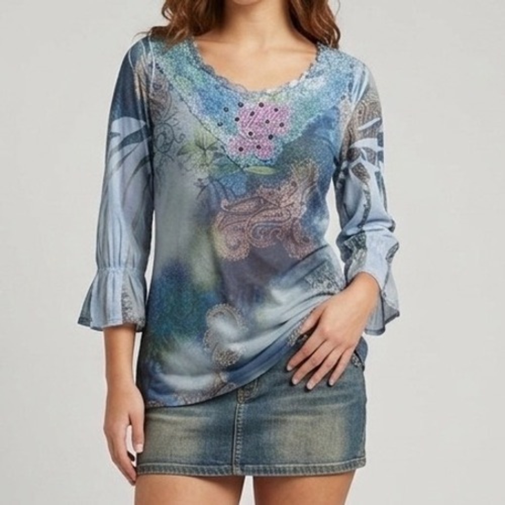Vtg 90s Y2K Floral Lace Blouse Top 1X Jeweled Paisley ¾ Bell Sleeve Fairy Grunge